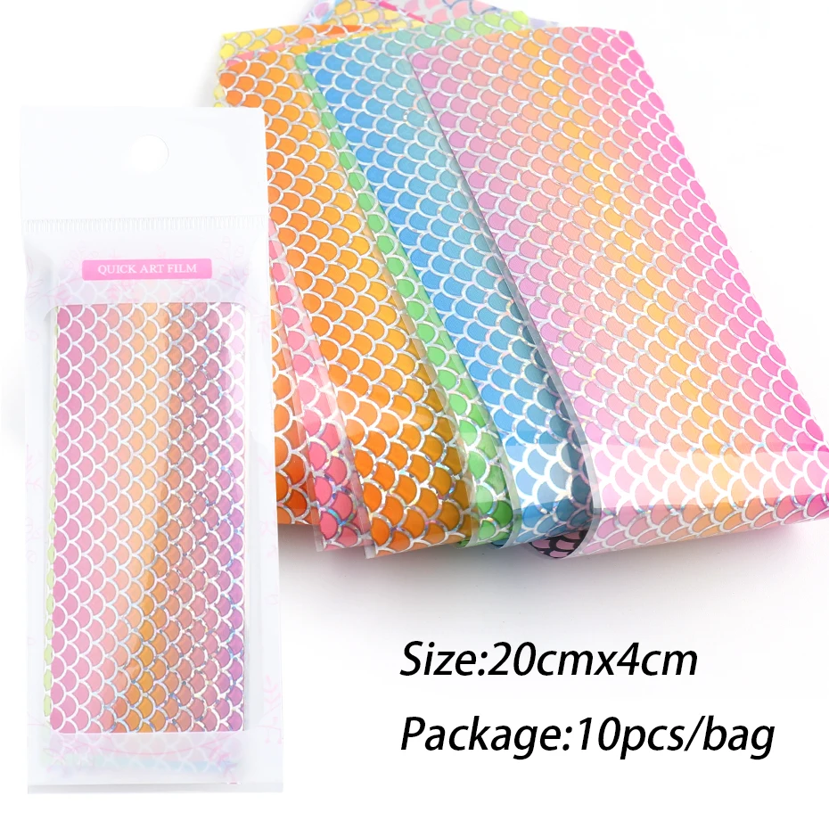 10pcs Mermaid Nail Foils Gradient Fish Scale Nail Art Decorations Holographic Adhesive Paper Wave Design Manicure Decals  LE9114