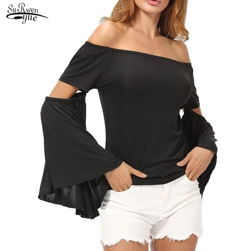 Autumn New Sexy Off Shoulder Flared Sleeve Black T-Shirt Women's T-shirt All Match Slim Women Tops Stylish Chemisier Femme 12435