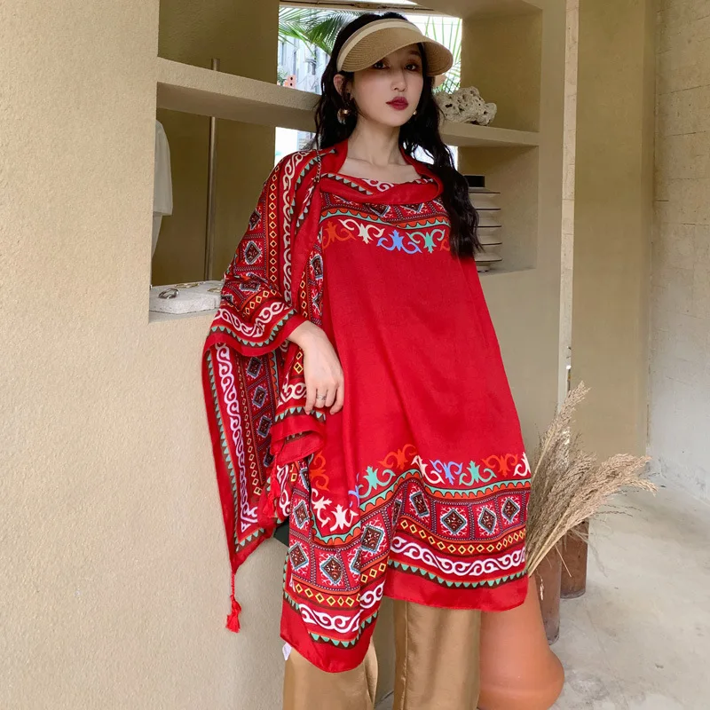 Women Luxury Ethnic Shawl Scarf Beach Desert Sunscreen Silk Scarves Red Big Bandelet Female Travel Photo Dual-use Sunshade Coat