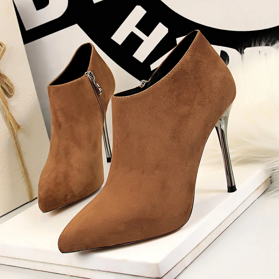 

BIGTREE Pointed Toe Metal Heel Fashion Ladies Ankle Boots High Heels Shoes Women Solid Flock Side Zipper Concise Short Boots