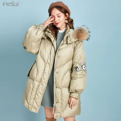 ARTKA 2020 Winter New Women Down Coats Elegant Embroidery 90% White Duck Down Coat Raccoon Fur Collar Hooded Long Parka ZK10294D