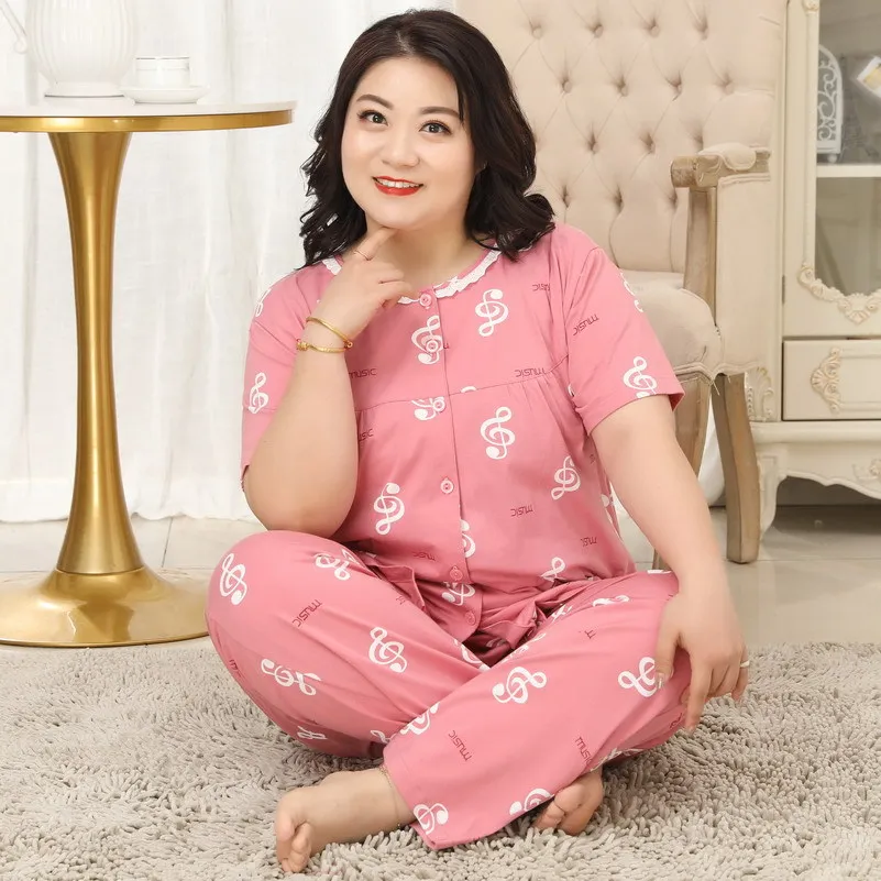 

Plus size 130KG Sweet pajamas sets women summer thin 100% cotton short sleeves trousers women sleepwear large size