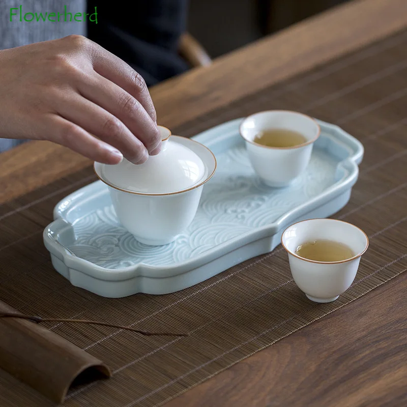 Relief Ceramic Tea Tray Dry Soaking Plate Kung Fu Tea Set Teaware Ceramic Fruit Tray Refreshment Tray Tea Ceremony Accessories