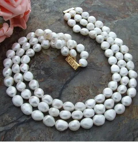 

free P&P *****Genuine 3row 8-9mm white baroque pearls necklace 17“19”inch & 14k clasp