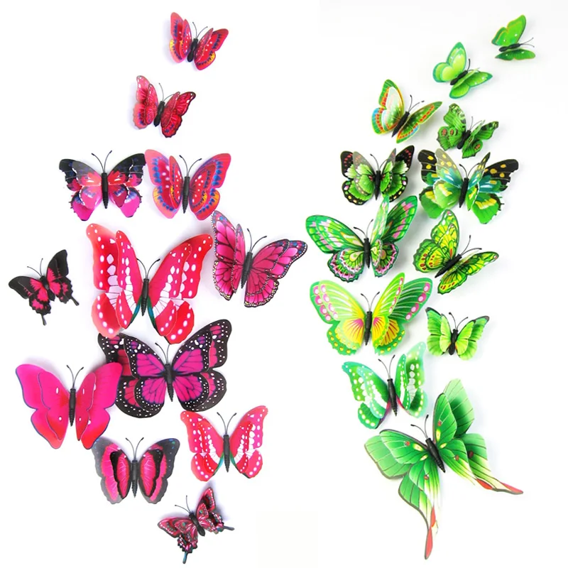 12pcs/set Plastic Artificial Double Layer Wing 3D Butterfly sticker for Mosquito Net Curtain Christmas Tree Party Decor