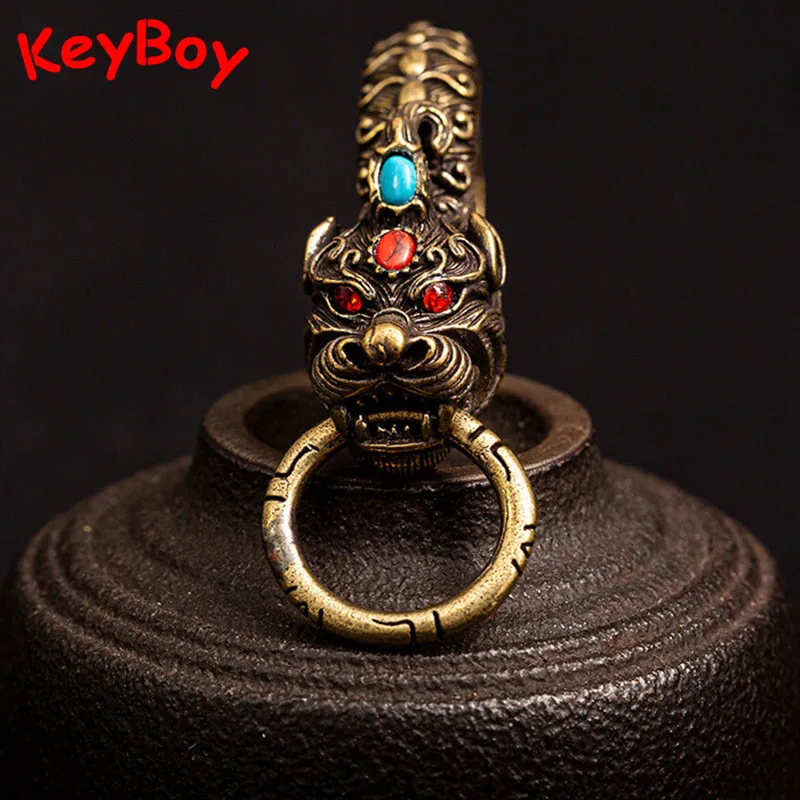 Brass Red Eyes Dragon Head Keychain Chinese Lucky Feng Shui Keyrings Men Car Key Chain Ring Jewelry Luxury Copper Spring Buckle