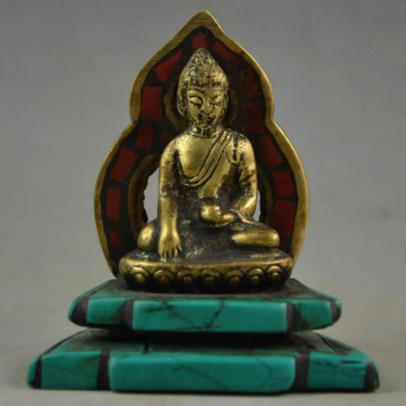 Rare Old Copper & Turquoise Carving A Tibet Nepalbuddha Prayer Peace Showily Statue