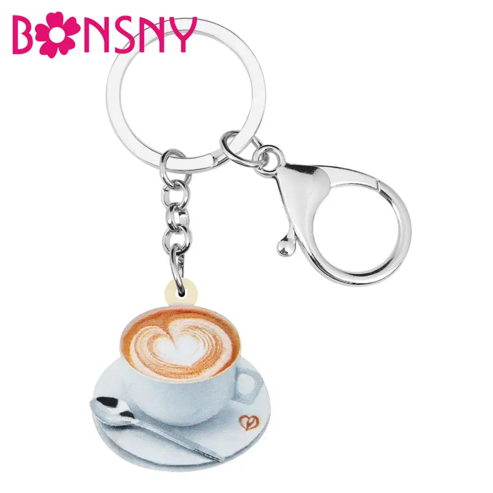 

Bonsny Acrylic Coffee Cup Spoon Key chains Key Ring Bag Car Purse Wallet Decoration Keychain For Women Girl Charm Gift Accessory