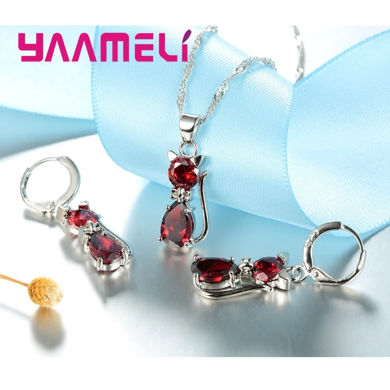 Conjunto de joyería Plata de Ley 925 auténtica para mujer y niña, de gato en colgante collar con 7 colores, cristal austriaco, pendiente Huggie