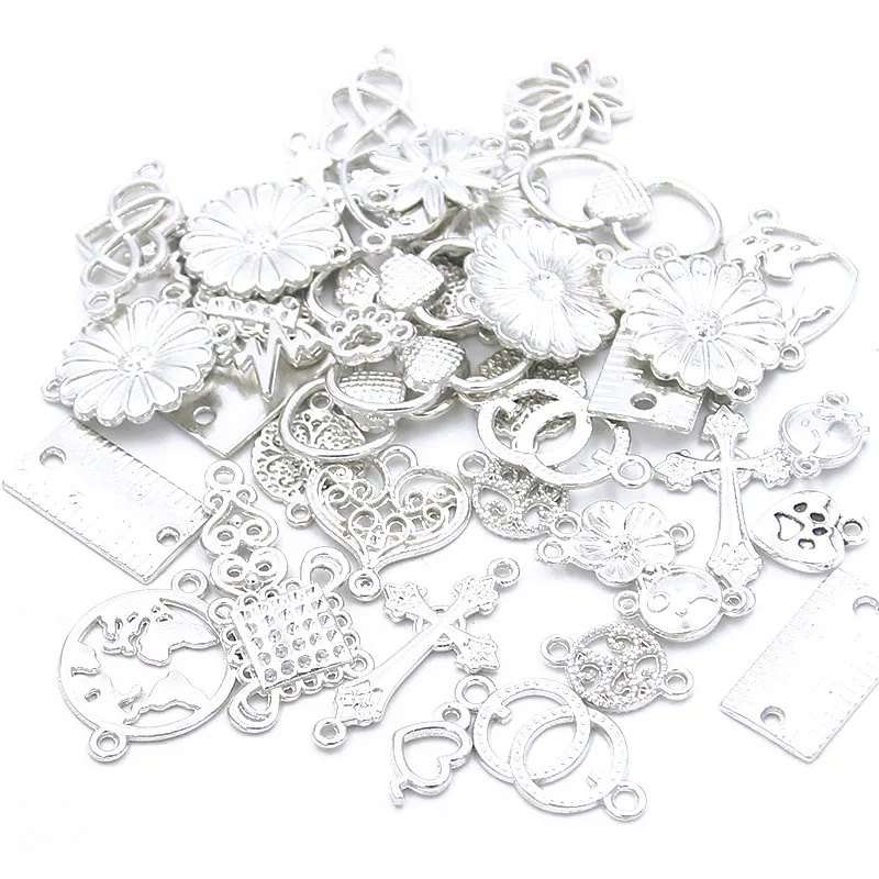 30PCS 10 Color 15-30 Styles Metal Alloy Vintage Mix Plant Heart Connectors Charm For Diy Handmade Bracelet Jewelry Making