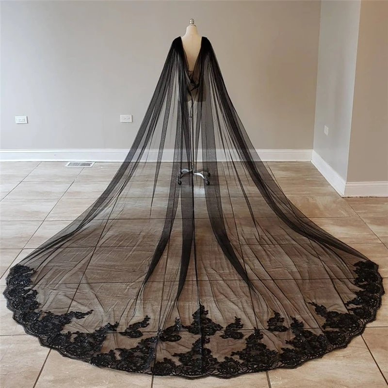 Real Photos Black Bridal Cape Veils Sequins Lace Tulle Wedding Shoulder Boleros Accessories Cathedral Veils for Bride 3 5 Metres