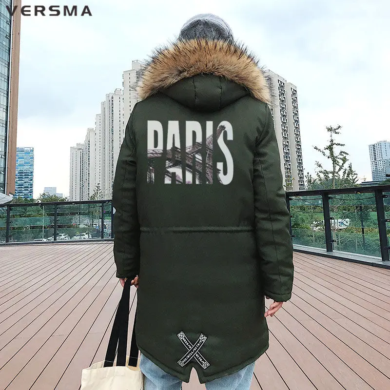 VERSMA Korean Harajuku Oversized Long Youth Jackets Coats Men Winter Hip Hop Ribbon Patchwork Fur Collar Male Parka Dropshipping