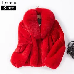 Faux Fur kobiety kołnierz z futra lisa płaszcz zimowy sztuczne włosy królika krótka, Slim czerwony ciepłe kurtki Plus rozmiar sztuczne futro grube odzież damska