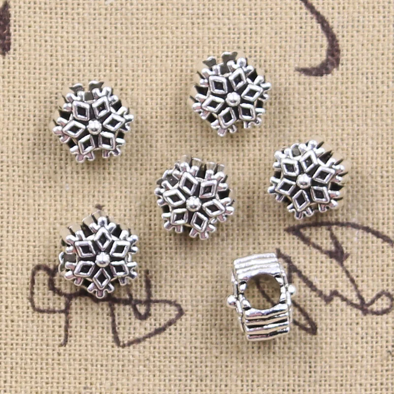 15 stücke 10x10x9mm Schneeflocke Schnee 4,5mm Große Loch Perle Charme Passt Silber Farbe Charme für Armbänder Großhandel DIY Machen Fit