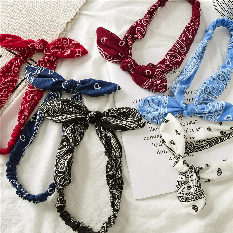 New fashion printing Rabbit ear knotted elastic hair band wide Girl woman hair band headband Hair Accessories Headdress