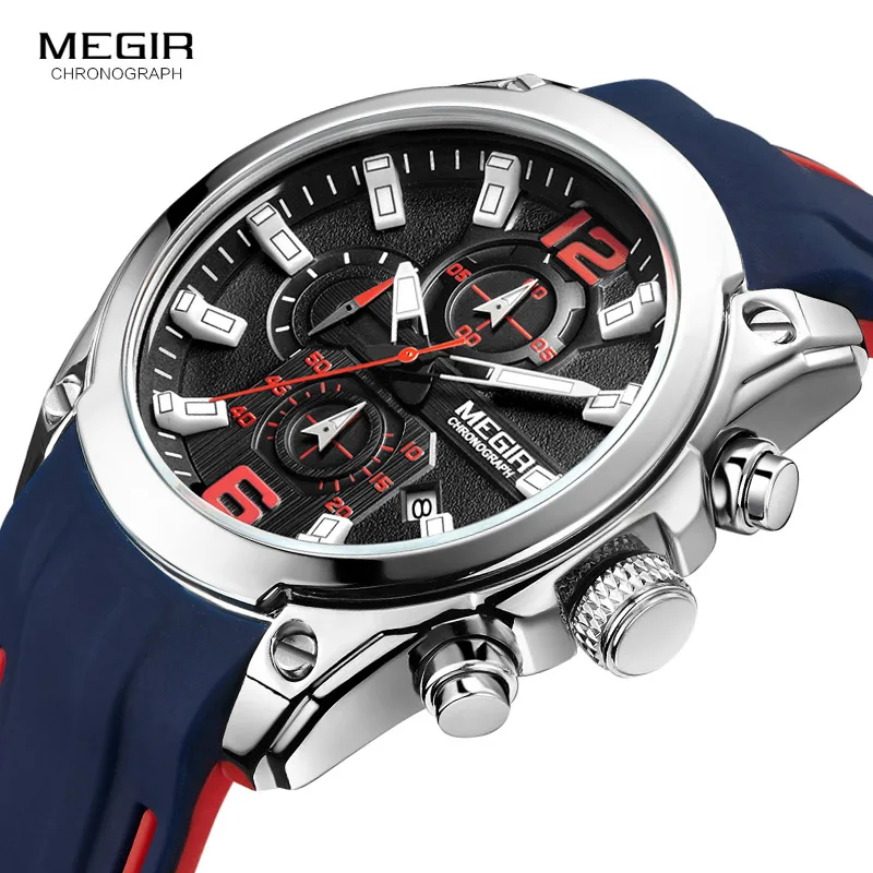 MEGIR Brand New Men's Chronograph Quartz Watch Silicone Strap Waterproof Luminous Hands Date Men Wristswatch Relogio Masculino