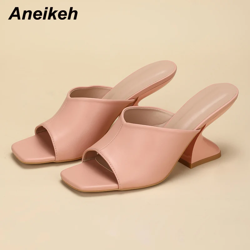 Aneikeh Fashion Solid PU Slip-On Leisure Slipper Strange Heels Square Open Toe Women Mules Outdoor Sandals Size 35-42 Summer New