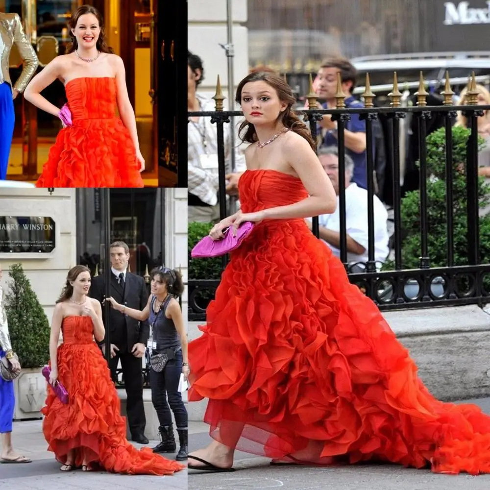 Gossip Girl Blair Dresses Red Draped Organza Evening Dresses Strapless Sleeveless vestidos de celebridades Celebrity Dresses