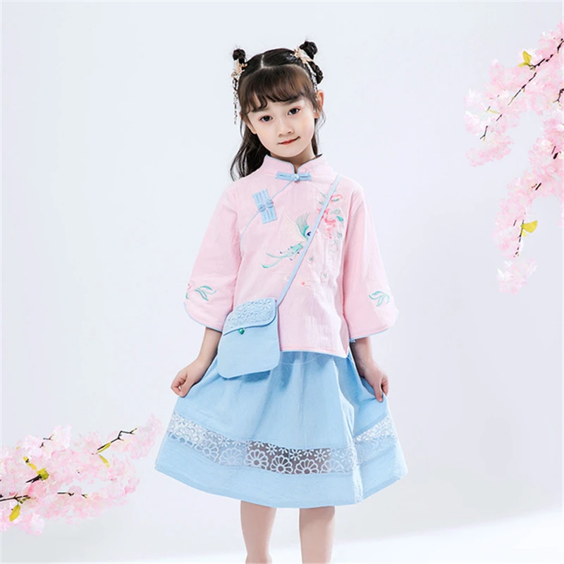 Girls Hanfu Chinese style costume princess skirt retro Tang suit suit foreign summer dress chinese wedding dress 2020 pink blue