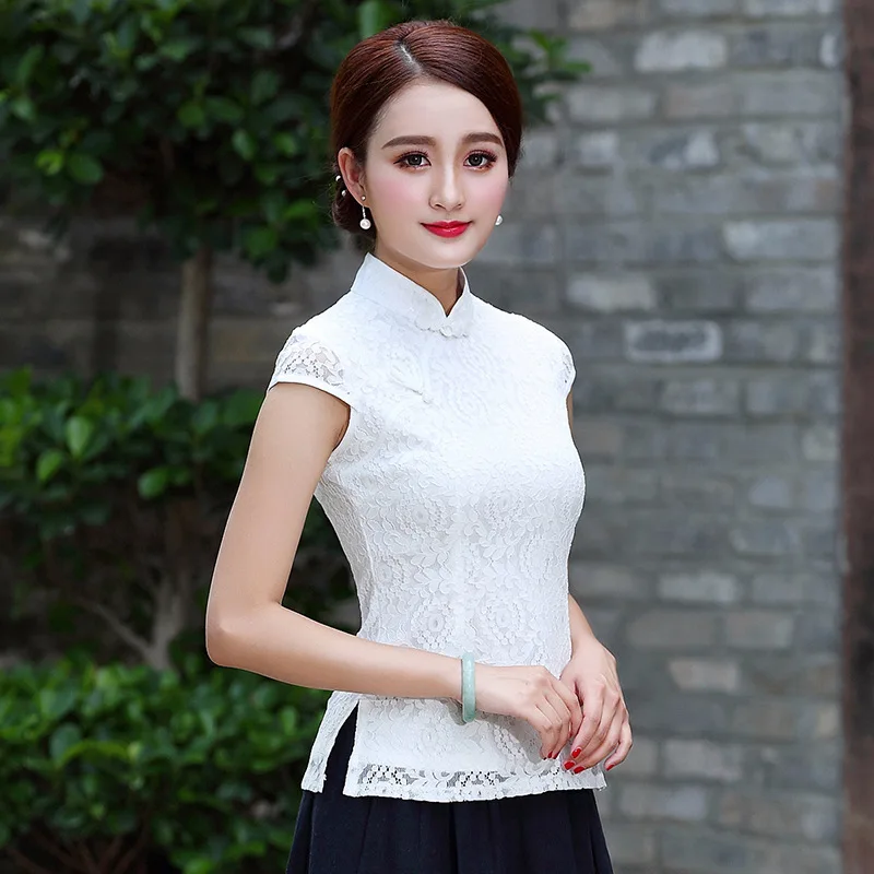 SHENG COCO Ladies White Lace Blouse Qipao Tops Chinese Style Vintage Clothing Blouse Women Wear Tangzhuang Clothes Haut Chinois