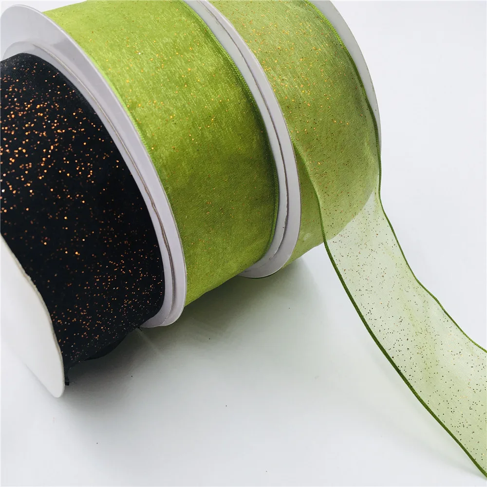 38MM 25yards Wired Edge Green Black Organza Ribbon With Glitter for Festival Decoration Christmas NewYear Gift Wrapping 1-1/2