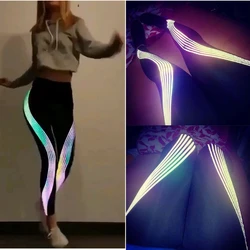 Reflective Material Striped Printed Yoga Fitness Tight Leggings Women Shiny Black Legging High Waisted Slim Running Pant