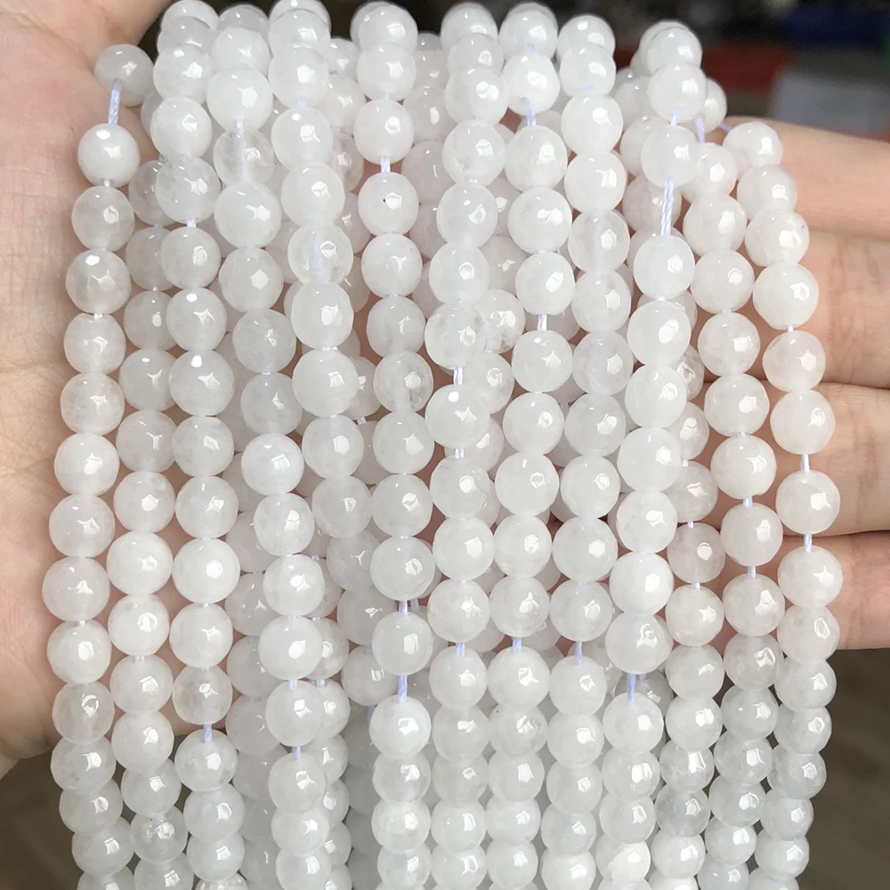Natural Stone Milk White Jade Faceted Chalcedony Beads Round Loose Beads For Jewelry Making DIY Bracelet 4/6/8/10/12mm Wholesale