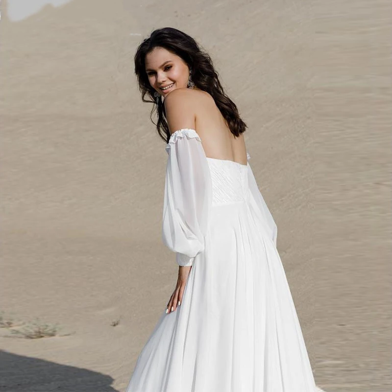 Praia boho chiffon vestido de casamento simples querida pescoço ilusão inchado mangas a linha zíper sem costas vestido de noiva para mulher 2022