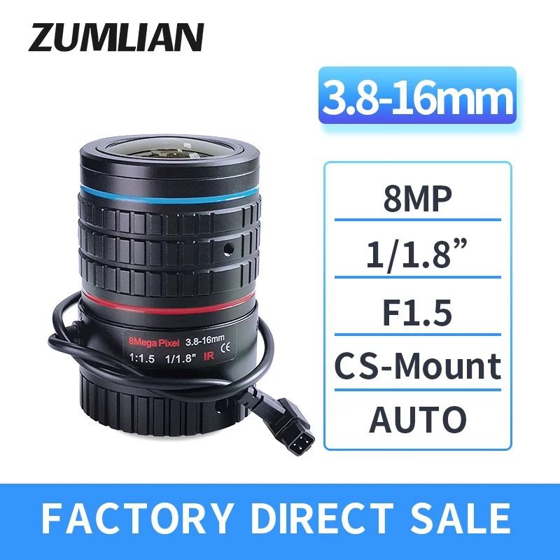 ZUMLIAN 3.8-16mm Varifocal Lens CCTV Cameras 1/1.8'' IR Lens CS-Mount 8MP High Resolution F1.4 Auto Iris for Surveillance Camera