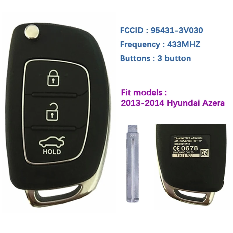 CN020114 3 Button Flip Remote Key For 2013-2014 Hyundai Azera Remote Frequency 433MHZ FCCID Number 95431-3V030