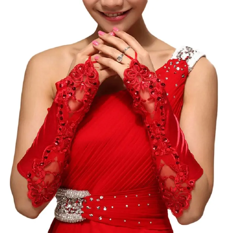 1 Pair Women Bridal Long Gloves Fingerless Lace Glitter Sequins Solid Color Length Mittens Hook Finger Wedding Party