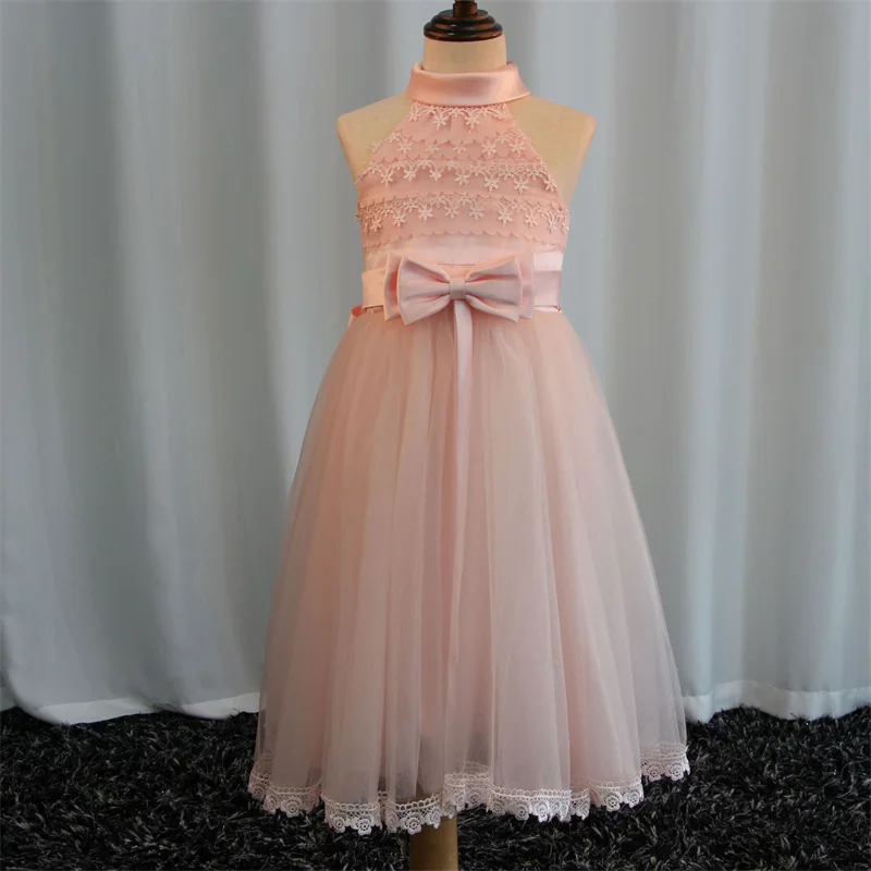 

Princess Tulle Halter Flower Girl Dress Bows Children First Communion Dress Ball Gown Wedding Party Dress Runway Show Pageant