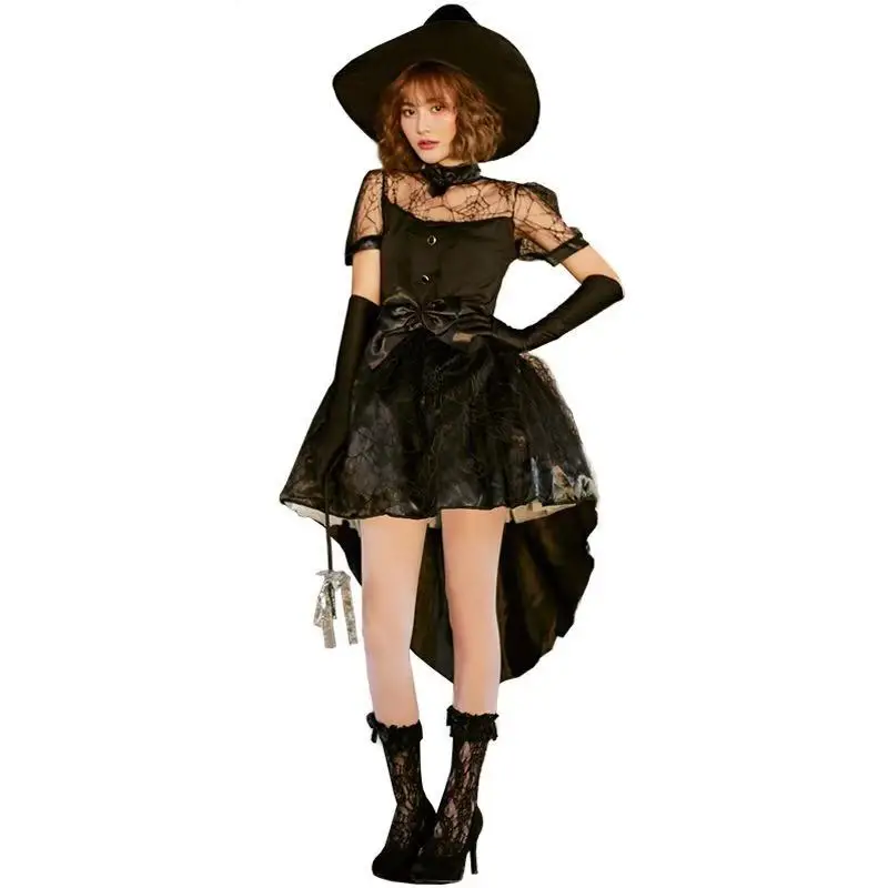 

Gothic Black Lace Women Witch Cosplay Female Halloween Sorceress Costumes Carnival Purim Parade Stage Show Role Play Party Dress