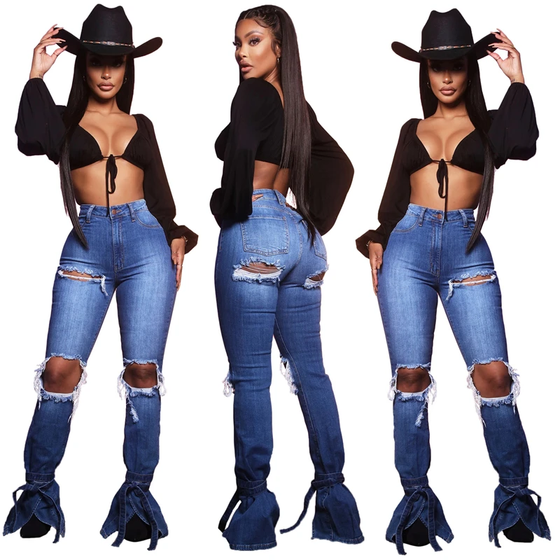 2021 Summer New Arrival Sexy Ripped Bootleg Split Jeans for Women Plus Size 3XL Fashion Casual Hole Cotton Denim Trousers Ddlg