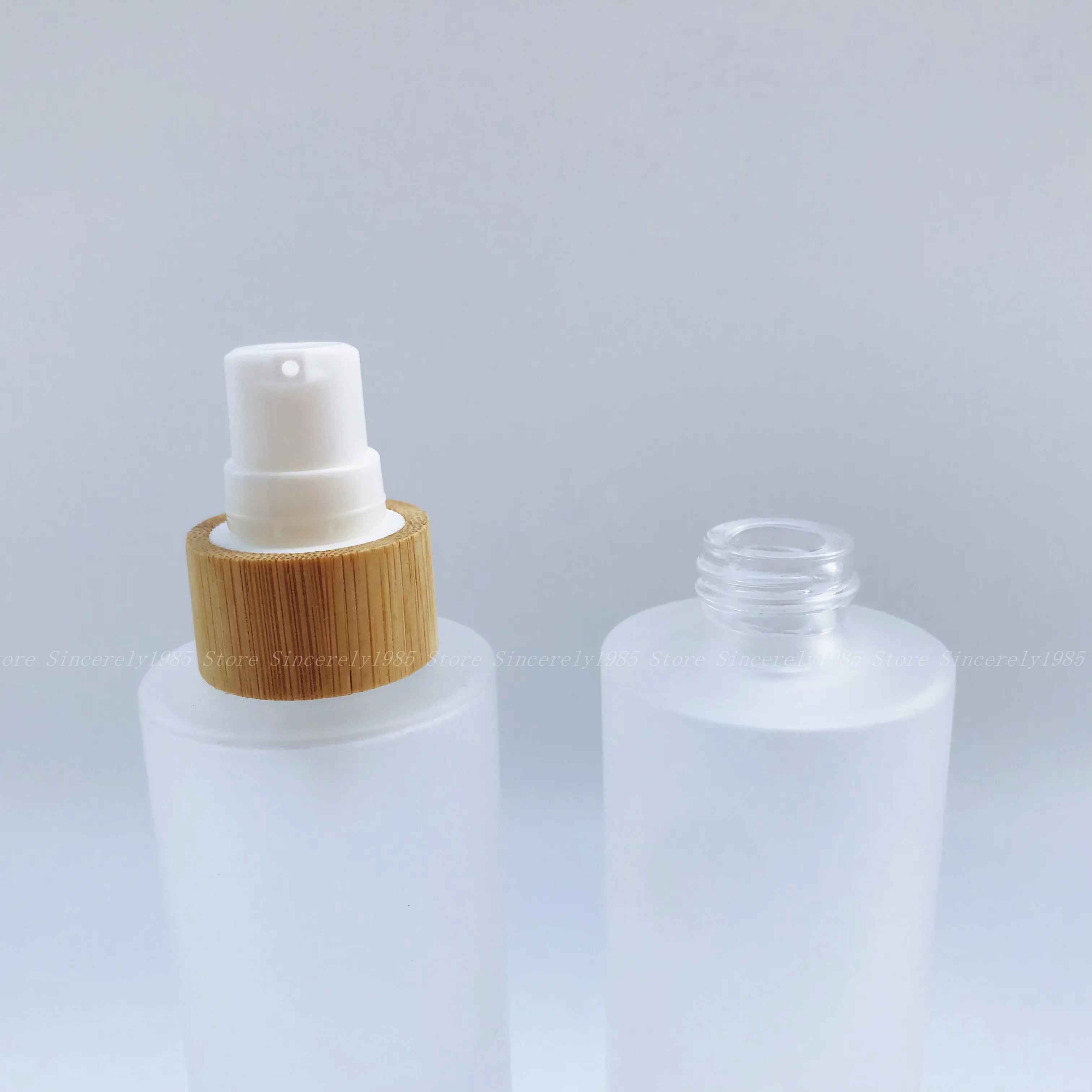 1X 100ML Frosted Clear Glass Bottle with Bamboo Serum Press Pump Cap Lid for Cosmetic Lotion Cream * Upscale Empty Refillable *