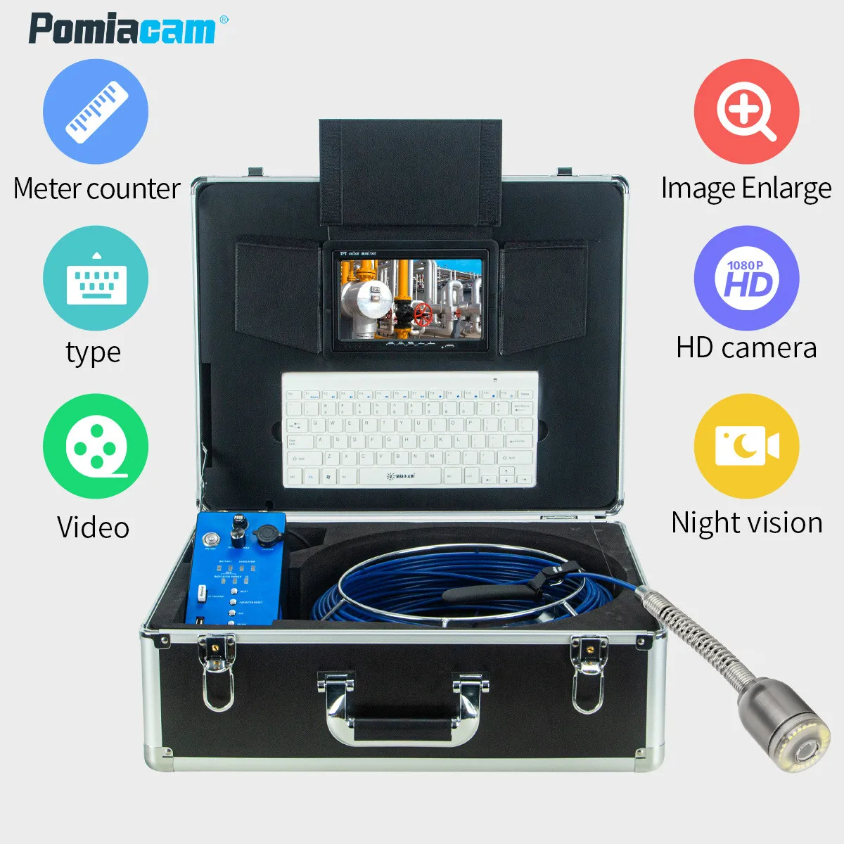 9inch 1080P 50mm Auto self level Pipe Sewer Inspection Video Camera Drain Pipe Sewer Inspection Camera System 5mm blue cable 20M