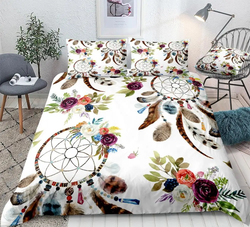 

DreamCatcher Bedding Set Boho Feathers Duvet Cover Set Colorful Flowers Bed Set with Pillowcase King White Bedclothes Floral