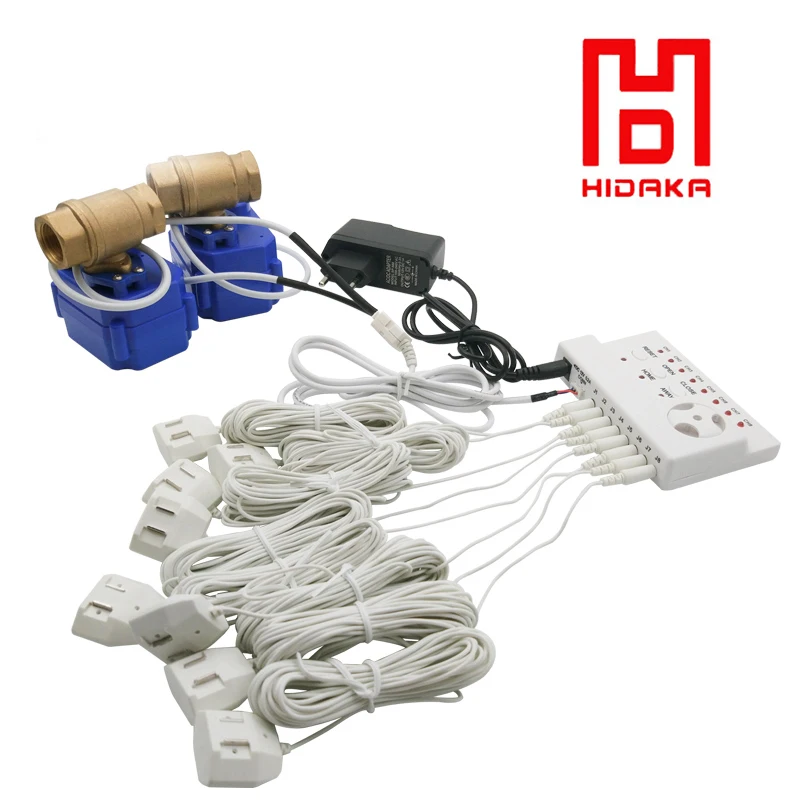 HIDAKA Russia Ukrain House Water Leaking Detection System with Shut Off Valve DN15*2pcs and 8pcs Water Sensor Cable