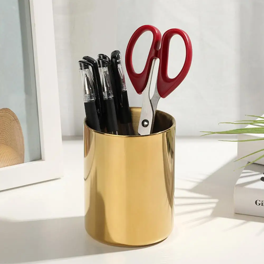 Round Pen Holder Stainless Steel Vase Cosmetic Brush Container Desktop Decoration for Home School Office