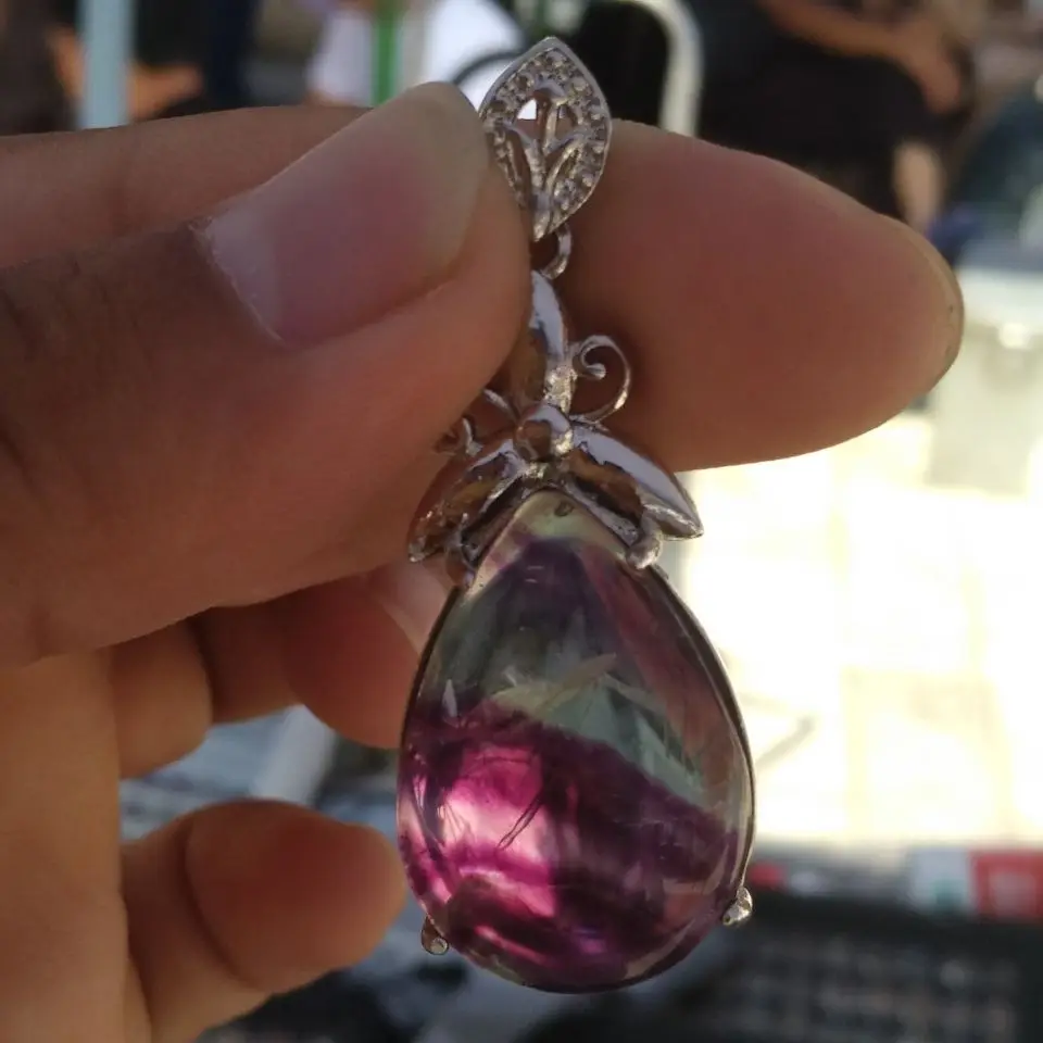 

Natural Fluorite Quartz Colorful Rainbow Reiki Water Drop Pendant