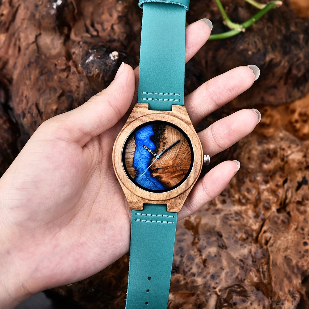 Delicate Quartz Couple Watches Thuja Wood with Blue Resin Wristwatch Men Ladies Timepieces Collection Personalized Gift BOBOBIRD