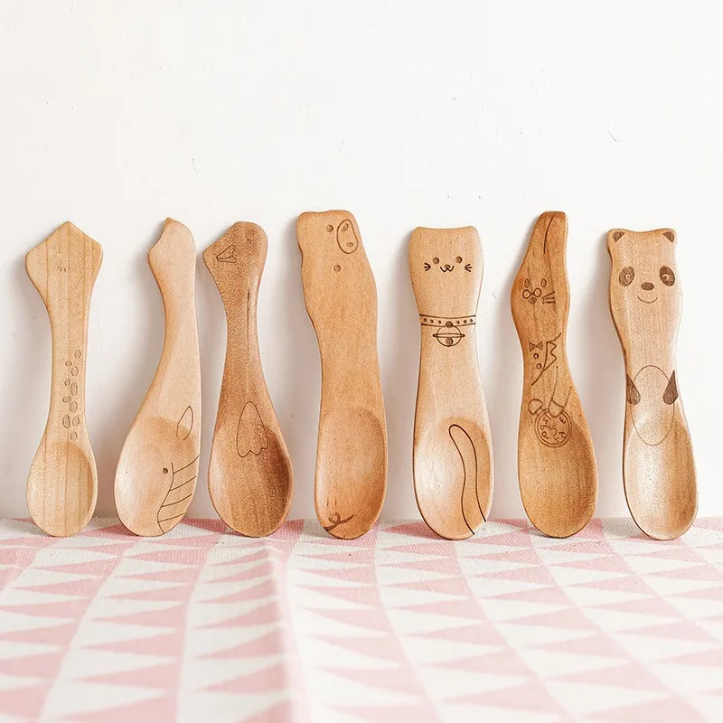 Cute Baby Children Wood Dinner Spoons Tableware For Ice Cream Kitchen Accessories Panda Bear Animal Pattern Spoons For Kids