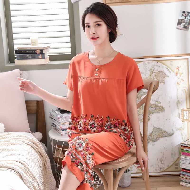 

Middle-aged and elderly people pajamas summer female mother thin short-sleeved 2PC large size cotton suit home service Night set