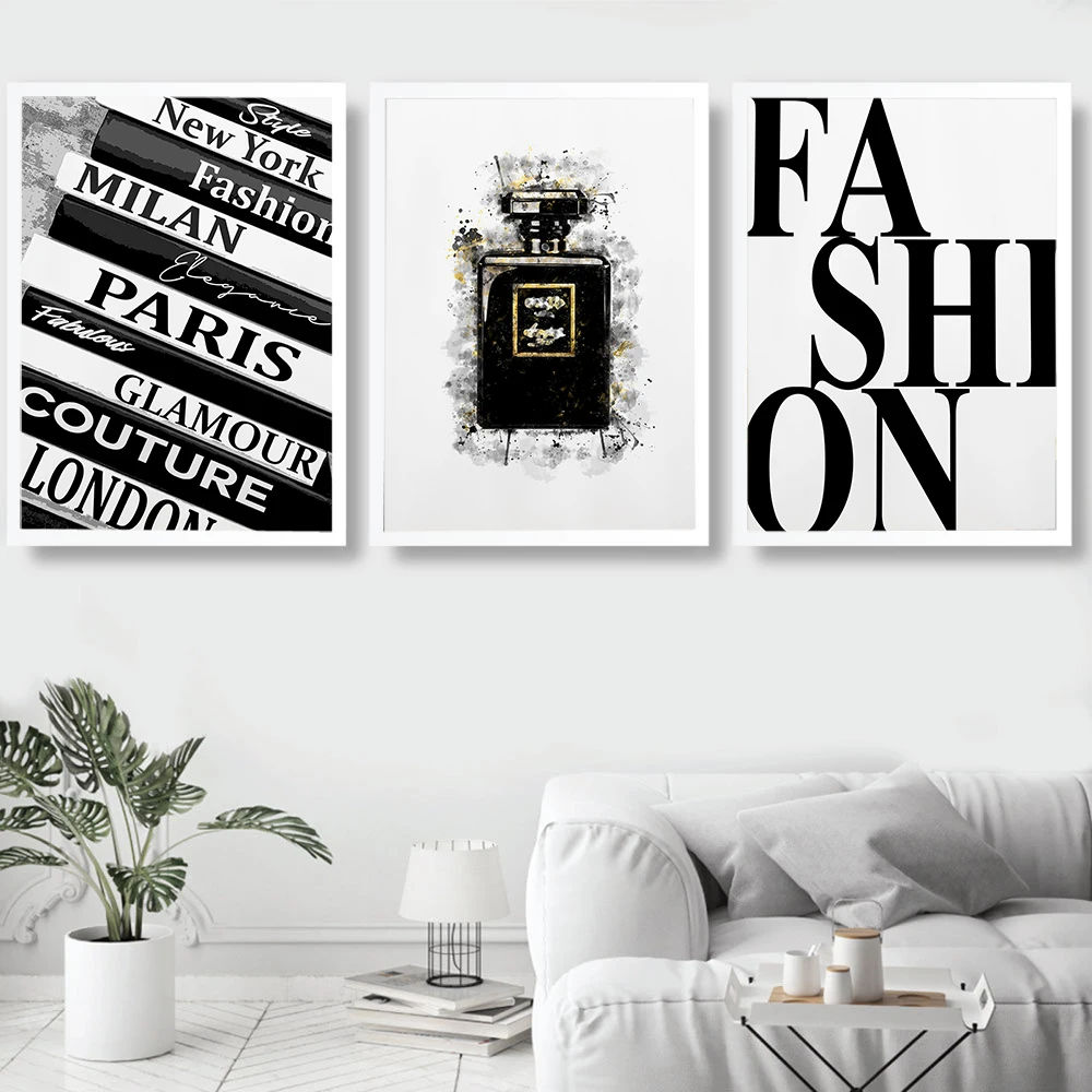 Posters Prints Vintage Canvas Painting Black Perfume Wall Picture For Living Room Fashion Art Couture Book Stack Home Decoration