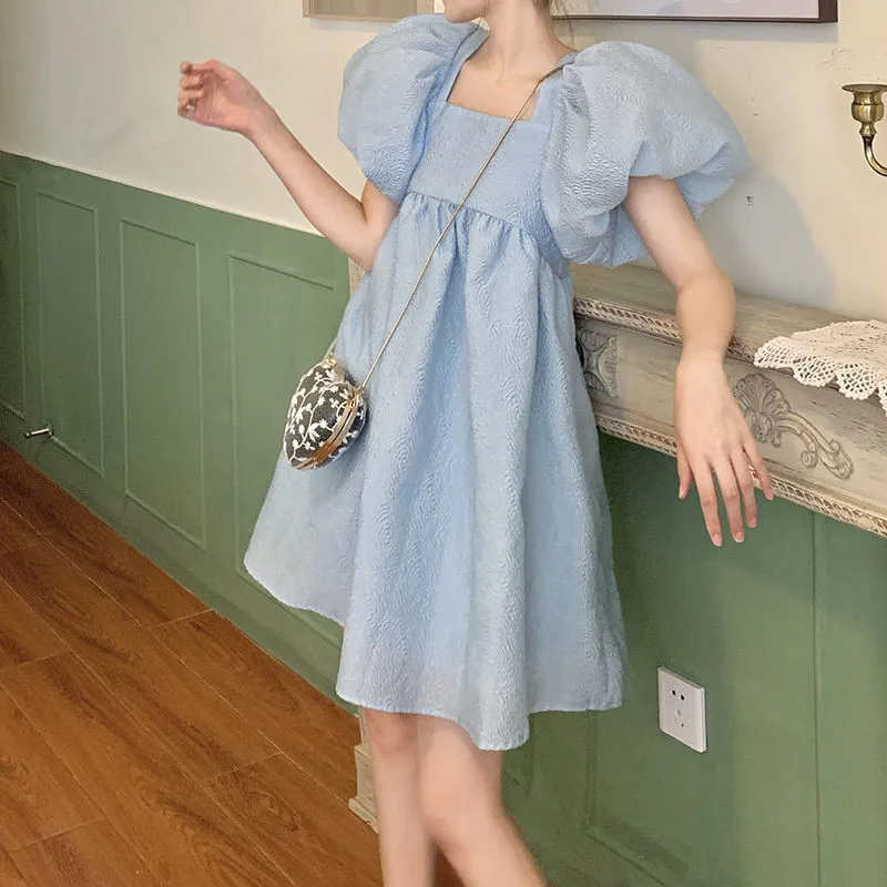 

Women Dress Summer Puff Sleeve Square Collar Blue Elegant Vintage Simple Short Mini Dress A-Line Plus Size vestidos 2021