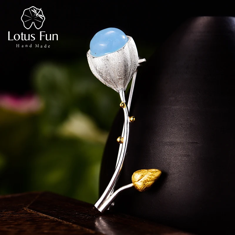 Lotus Fun Real 925 Sterling Silver Natural Stone Handmade Designer Fine Jewelry Elegant Lotus Buds Brooches for Women Bijoux