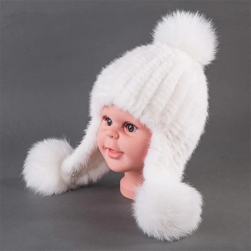 Kids Hat Winter Boy Warm Real Mink Fur Hats for Girls Natural Fox fur Pompom Cap with Earflap Children  H39