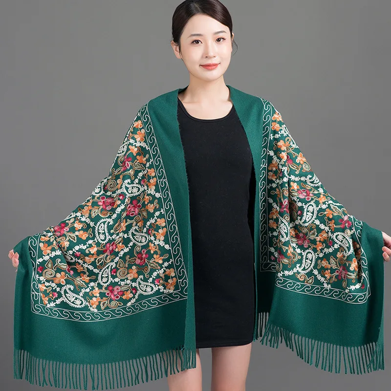 New Women Elegant Embroider Flower Fringed Shawl Long Soft Cashmere Pashmina Scarves All-match Travel Thick Blanket Wraps Scarf