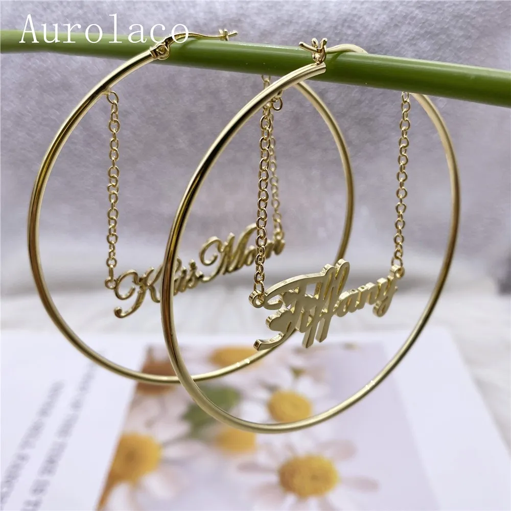 

AurolaCo 30-100MM Custom Name Hoop Earrings Stainless Steel Customize Name Earrings Big Hoop Name Earrings For Women Gifts