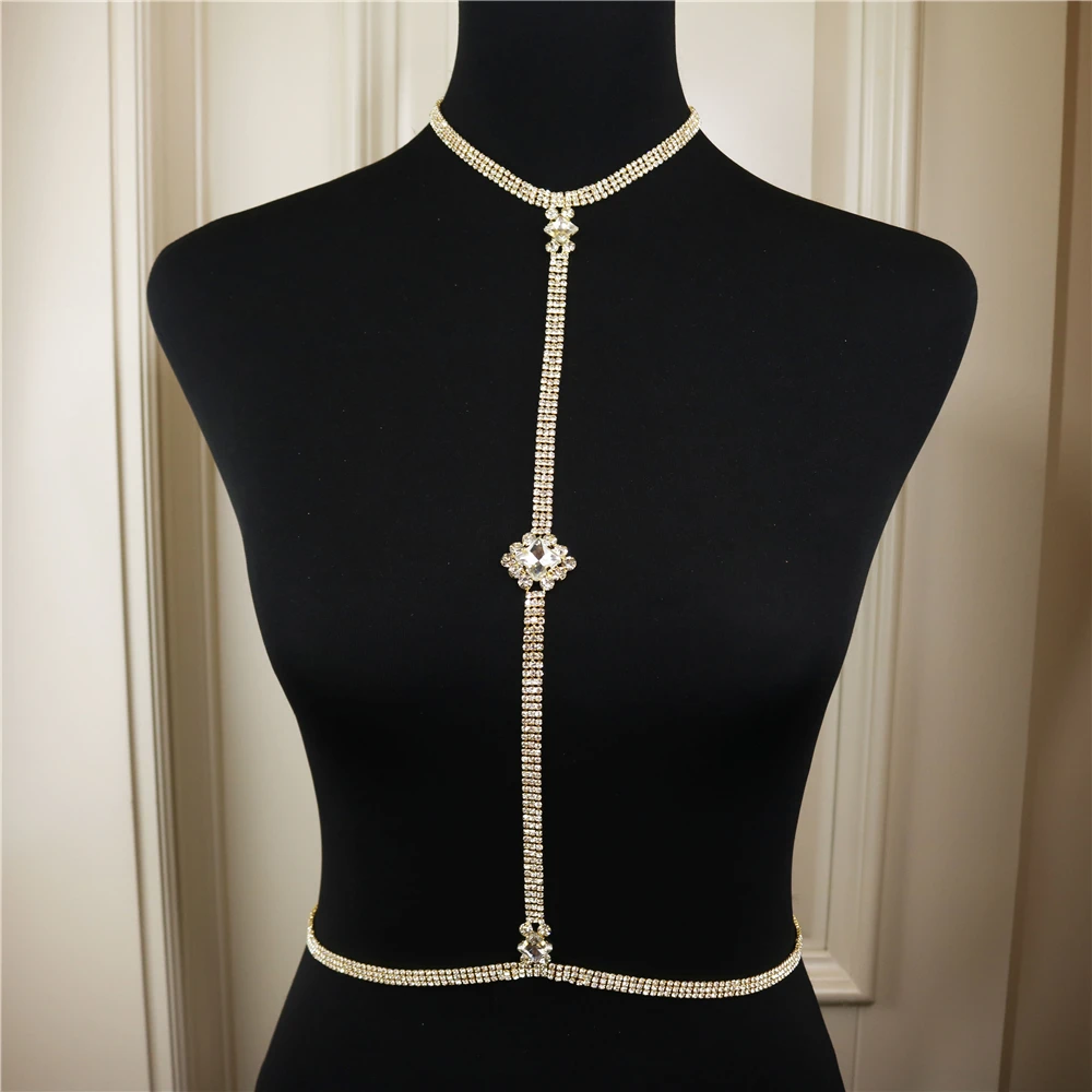 Fashion Crystal Long Choker Bra Chain for Women Single Layer Rhinestone Wedding Party Statement Sweater Body Chain Jewelry